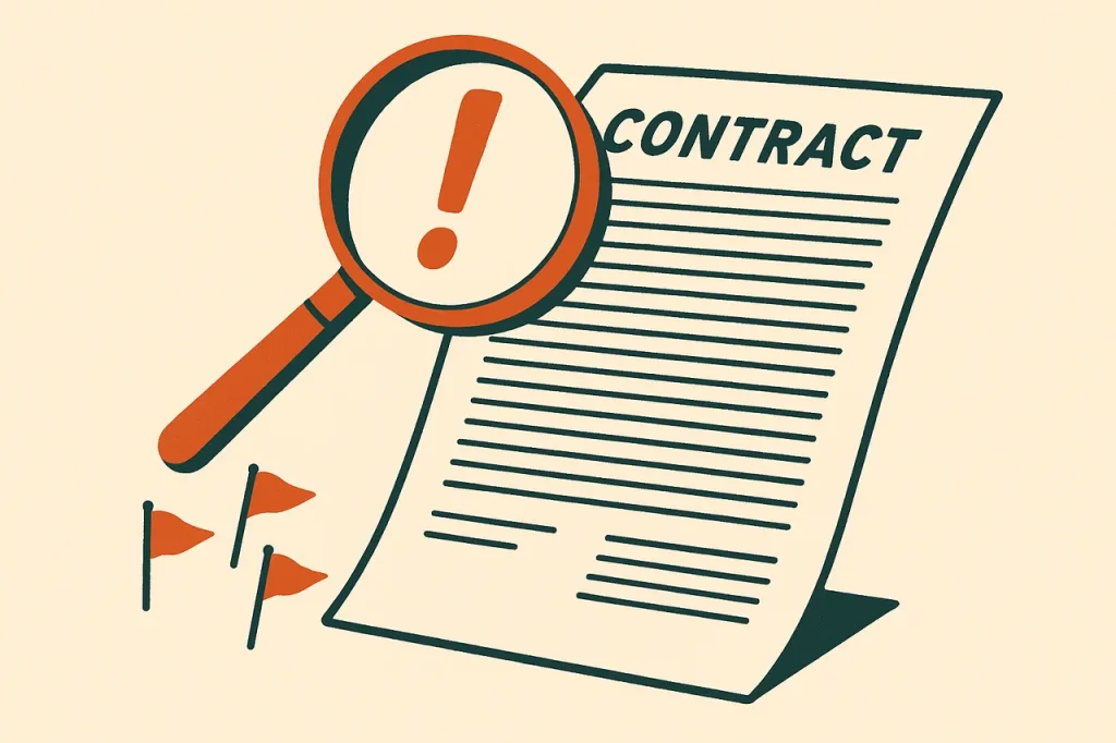 Casino bonus terms and fine print. Folded contract document under a brass magnifying glass with three warning flags in the corner.