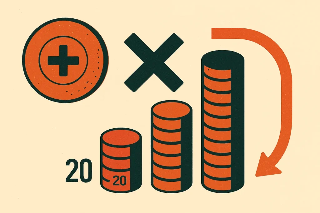 How casino bonus wagering works. Bonus coin badge times multiplier symbol times three coin stacks with a wagering loop-around arrow.